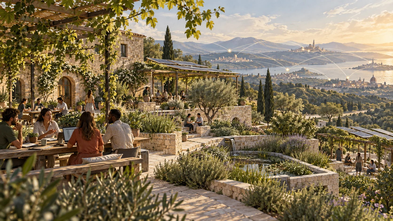 Conceptual solarpunk vision of a Mediterranean community hub with gardens, shared workspaces and solar canopies