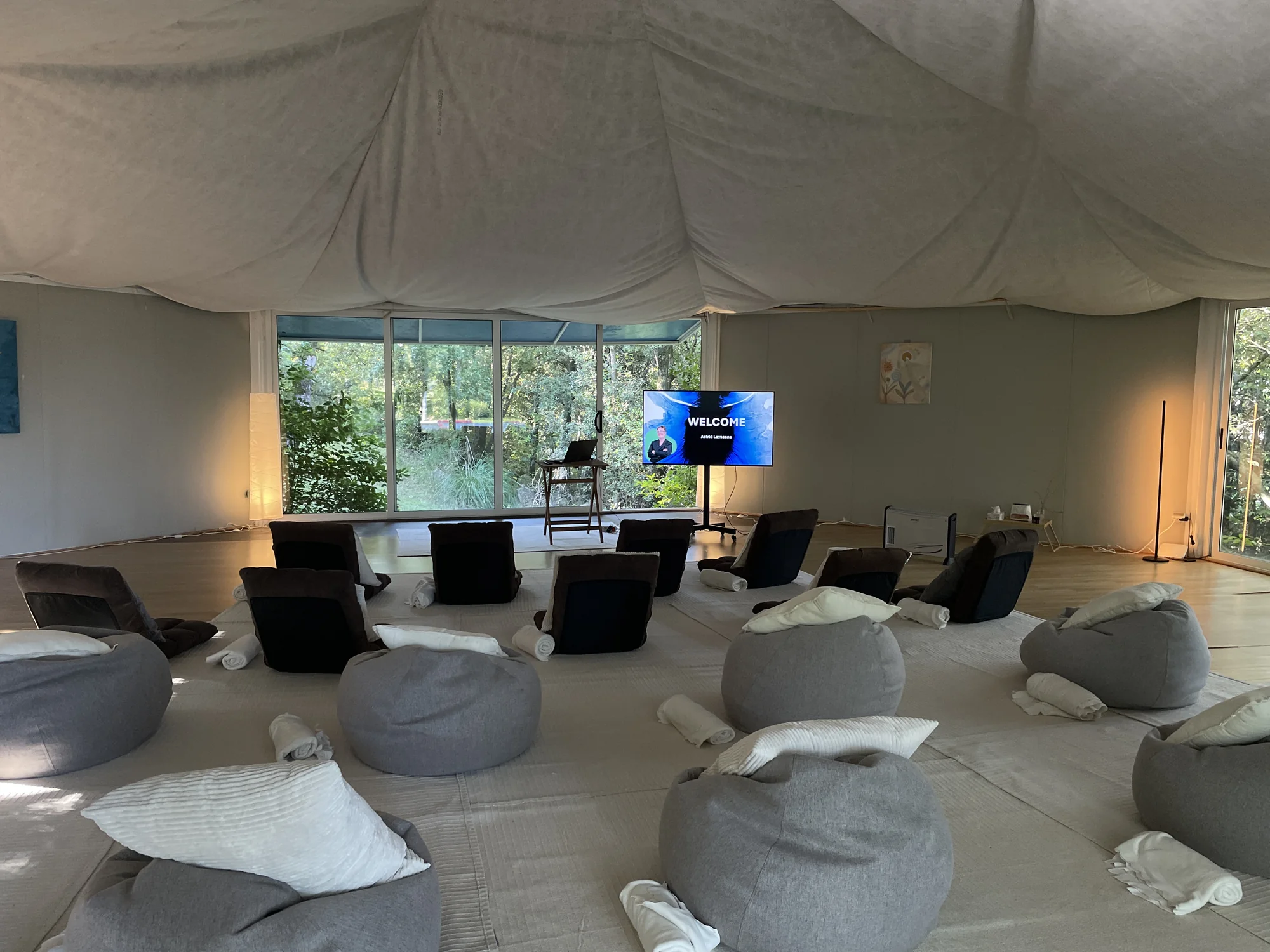 The shared indoor space prepared for a group session
