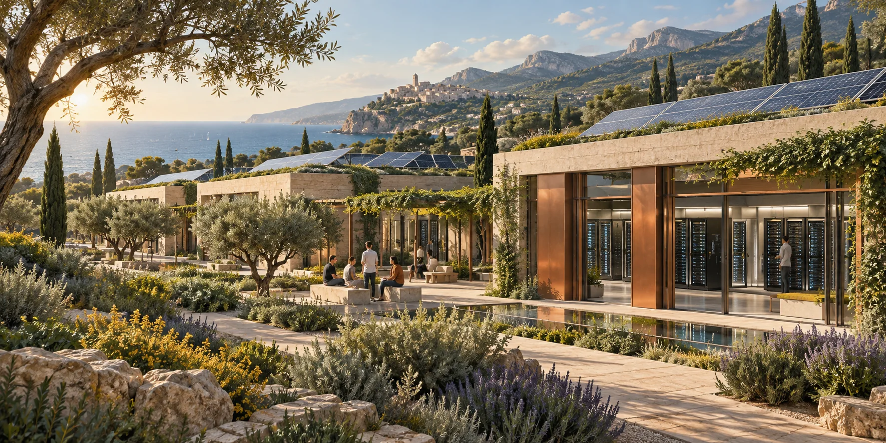 Conceptual illustration of a community-owned data centre with solar roofs, gardens and shared spaces